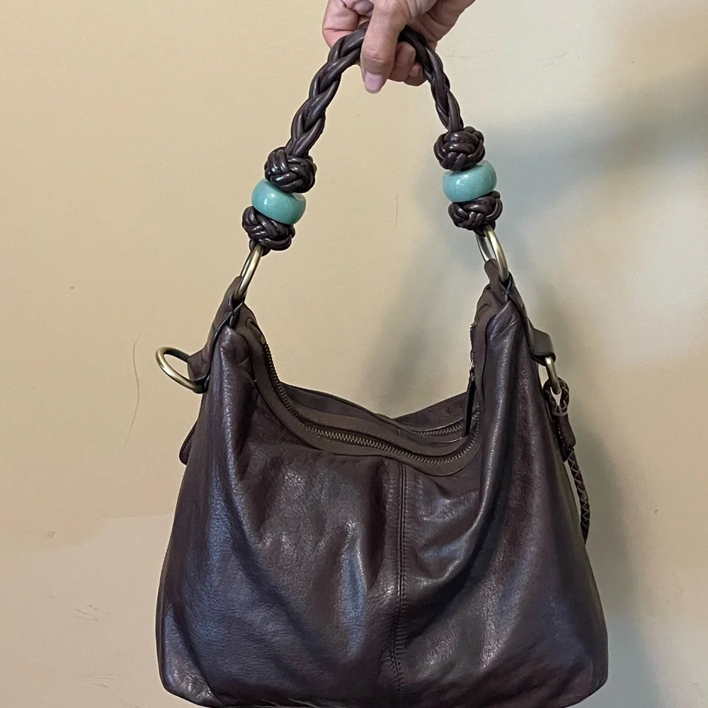 Shanghai Tang Brown Leather Hobo with Jade Bead Accents
